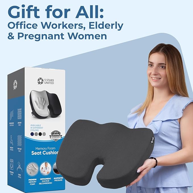 5 STARS UNITED Seat Cushion for Tailbone Pain Relief – Memory Foam Cushion for Coccyx, Hip, Hemorrhoid, Sciatica & Post-Surgery Recovery – Wheelchair, Car, Desk, Gaming & Office Chairs, D Gray