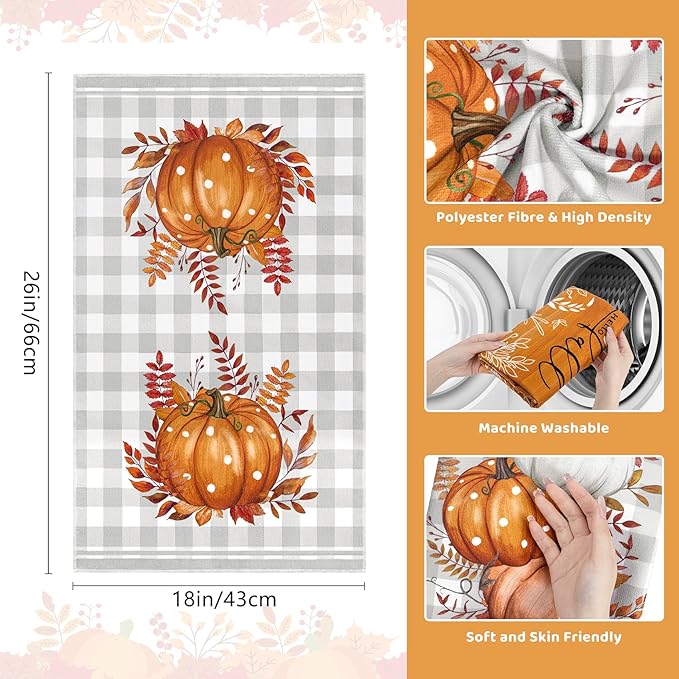 Amandir Fall Kitchen Dish Towels Orange Buffalo Plaid Polka Dot Leaves Hello Pumpkin Fall Hand Towels, 18x26 Inch Farmhouse Home Decor Tea Bathroom Autumn Thanksgiving Decorations Set of 4