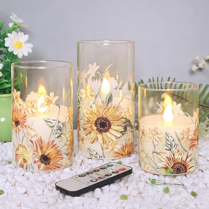 Sunflower Glass Flameless Candles with Remote Battery Operated Flickering LED Pillar Candle Summer Fall Autumn Christmas Decorations Gifts for Women Mom Mothers Day Birthday, Set of 3