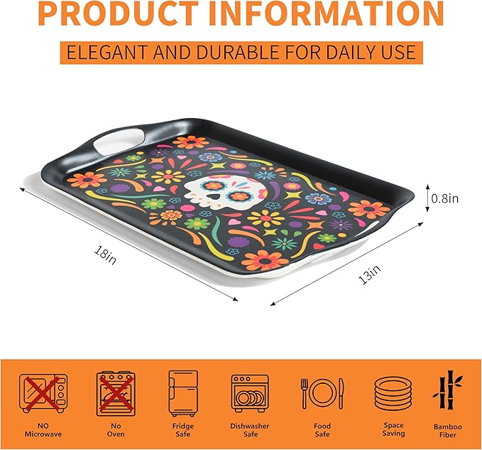 Oasis Choice 2-Pack Day of the Dead Bamboo Fiber Serving Trays - 18x13 Inch Extra Large w/Handles for BBQ, Picnic, Party - Durable Lightweight Serving Platters - Sugar Skull and Marigold Decor (Black)