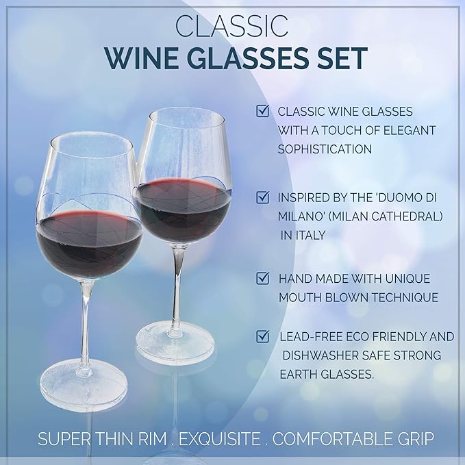Bezrat Red Wine Glasses Set of 2, Hand Painted Wine Glass, Drinkware Essentials, 11" H, 28oz Wine Lover Large Glass, Glassware Gifts Ideas for Women Inspired by 'Duomo di Milano' Mothers Day (Blue)