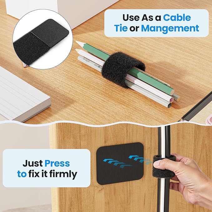 Cable Management Under Desk, 【Up to 15 Cord】【Enhanced Wire Holder】 Cord Organizer Holder, Adjustable Hook and Loop Cable Ties, Wire Clips Under Table Hider, 40 Pair(Black)