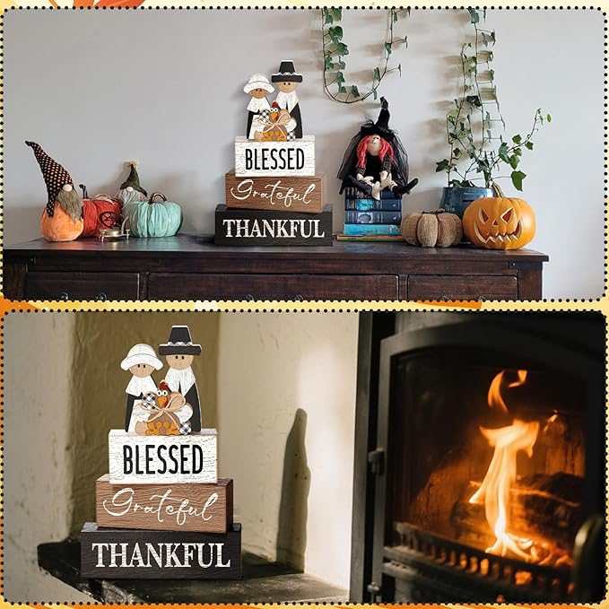 4 Pcs Thanksgiving Table Decor for Home Pilgrim Couple Wooden Signs with Blessed Thanksgiving Autumn Tiered Tray Decor Turkey Tabletop Centerpiece Grateful Block Signs for Office Kitchen Shelf