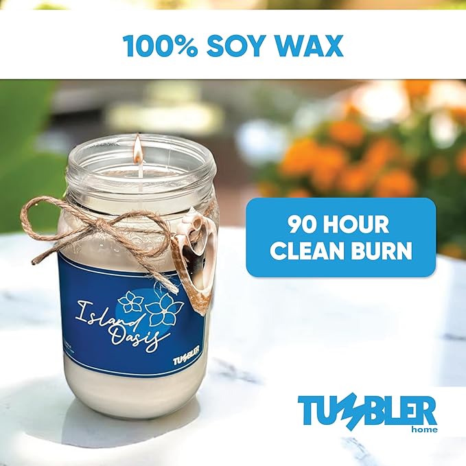 Tumbler Home Beach Candle, Large Scented Summer Candle, 100% Soy Wax, 90 Hour Burn, Mason Jar with Real Shell, Coastal Decor & Beach Themed Gift for Women, Made in USA, Tropical Flowers Scent