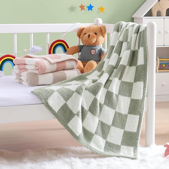 WRENSONGE Checkered Throw Blanket, Sage GreenSoft Cozy Fluffy Warm Hand Made Throw Blankets for Couch, Sofa, Chair, Bed, Camping, Picnic, Travel Lightweight Bed Blanket - 30"*40"