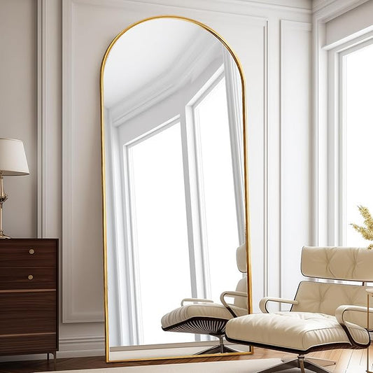 Floor Length Mirror, 81"x41" Arch Full Length Mirrors Full Length Hanging or Leaning with Stand, Wall Mounted Mirrors, Arched-Top Body Mirror with Aluminum Frame for Bedroom (Gold)