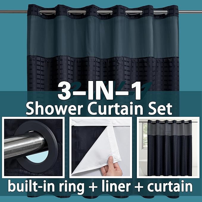 Conbo Mio Extra Wide No Hook Shower Curtain with Snap in Liner Set, 108" x 74" Hotel Luxury Black Shower Curtains for Bathroom with See Through Top Window, Waterproof, Washable 108W x 74H