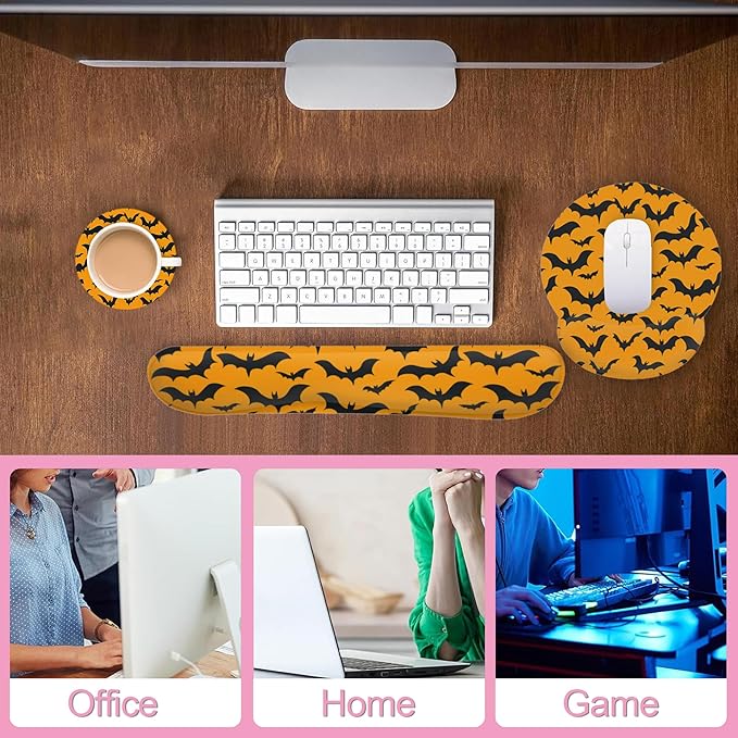 Halloween Bat Ergonomic Wrist Support Keyboard Mouse Wrist Rest Set, Computer Office Comfortable Wrist Rest for Mouse Easy Typing