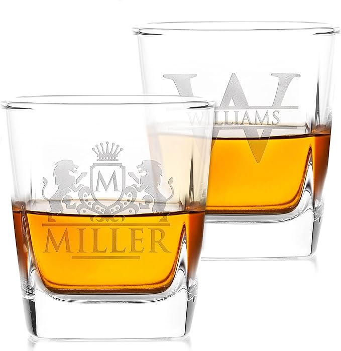 Amazing Items Set of 2 - Personalized Whiskey Glasses w/Name & Initial - 9 Designs - 9 oz, Limited Edition Monogrammed Rocks Glasses for Dad Gifts
