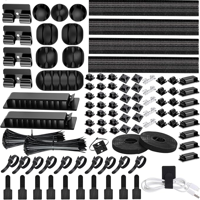 [313Pcs] Cable Management Kit, 67 Adhesive Cable Clips, Topavatop Desk Cord Organizer, 22 Reusable Cable Strap, 4 Cable Sleeve Split, 200 Nylon Cable Zip Ties with 20 Mounts for TV Office Home, Black