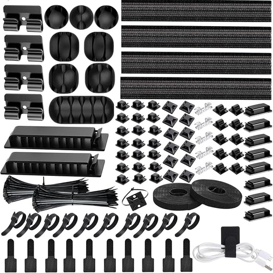 [313Pcs] Cable Management Kit, 67 Adhesive Cable Clips, Topavatop Desk Cord Organizer, 22 Reusable Cable Strap, 4 Cable Sleeve Split, 200 Nylon Cable Zip Ties with 20 Mounts for TV Office Home, Black