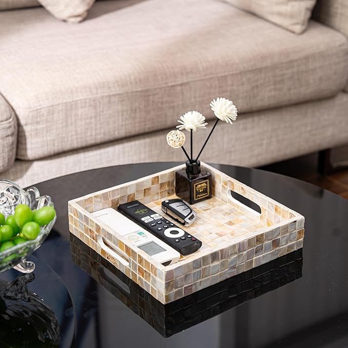 PEMAR 10" Mother of Pearl Catchall Tray for Coffee Table, Entryway, Nightstand. Square Serving Tray Wooden Luxury Decorative Handmade Eating Platters w Insert Handles (White Cream Squares Pattern)