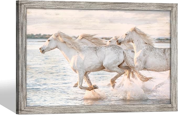 Horse Wall Art Wood Decor: Horses Running Large Framed Picture Wild Animal Print Painting Modern Wildlife Artwork Decoration for Home Office Living Room 45 x 30 Inches