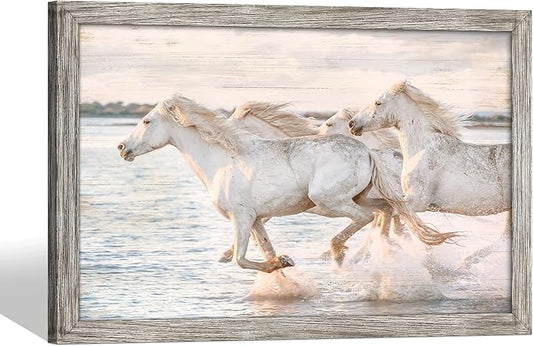 Horse Wall Art Wood Decor: Horses Running Large Framed Picture Wild Animal Print Painting Modern Wildlife Artwork Decoration for Home Office Living Room 45 x 30 Inches