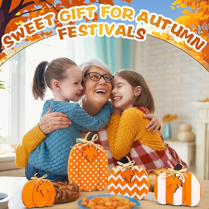 4 Pcs Fall Pumpkin Decor 3D Pumpkin Wooden Tabletop Signs Farmhouse Thanksgiving Autumn Standing Table Centerpieces Rustic Tiered Tray Decor for Home Kitchen Harvest Party(Orange and White)