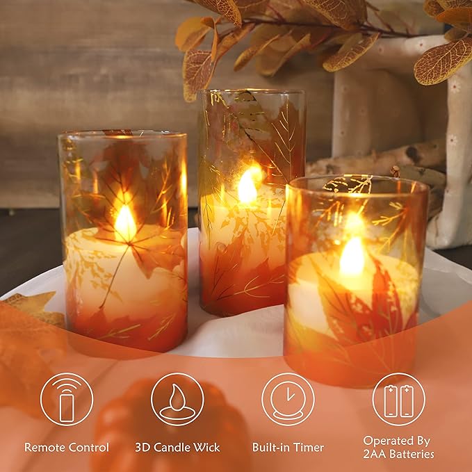 Fall Flameless Candles with Remote Timer Thanksgiving Gift Battery Operated LED Realistic Wax Glass Candles Gold-Red Maple Leaves Decor for Bedroom Home Table Ornament
