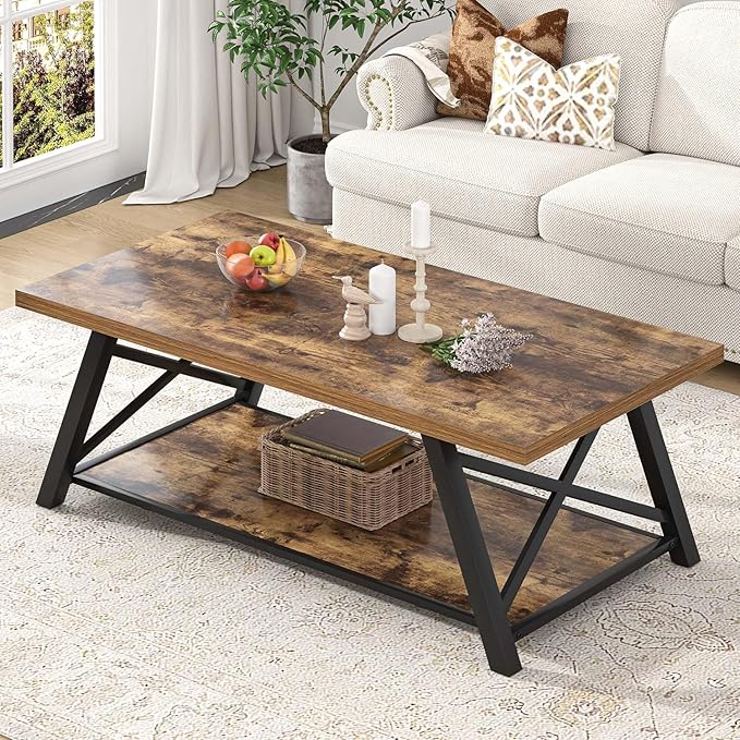 EXCEFUR Modern Coffee Table, Wood and Metal Living Room Center Table with Storage Shelf, Industrial Rectangle Cocktail Tea Table, Rustic Brown, 47 Inch