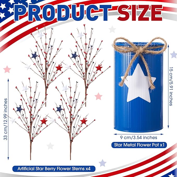 4th of July Table Centerpiece Decoration Patriotic Artificial Flower Stems Star Shaped Berry Picks with Metal Vase Pot for Independence Day Memorial Day Office Home(Blue and White)
