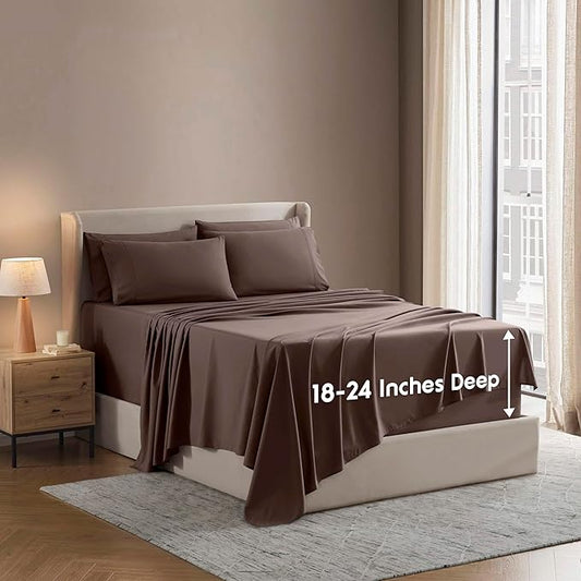 Nestl Extra Deep Full Sheet Set - 6 Piece Breathable & Cooling Sheets - Hotel Luxury Bedding Set w/18-24 Inch Deep Pockets - Easy & Secure Fit - Super Soft, Wrinkle Free & Comfy - Chocolate Brown