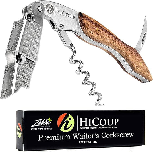 HiCoup Kitchenware Wine Opener - Professional Corkscrews for Wine Bottles w/Foil Cutter and Cap Remover - Manual Wine Key for Servers, Waiters, Bartenders and Home Use - Classic Rosewood
