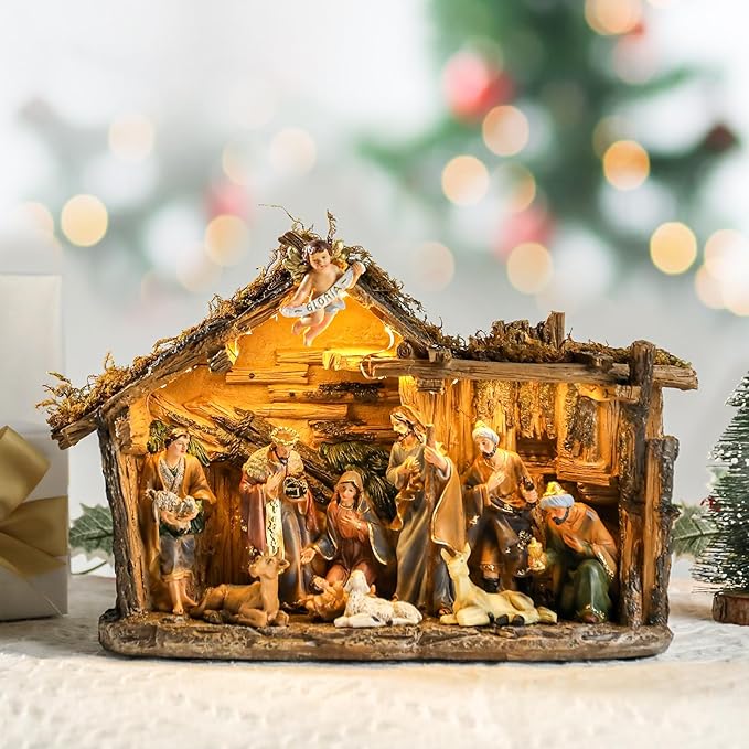 Christmas Nativity Set 9.5 Inch Village with LED Lights Figurine Nativity Music 3AA Batteries Interior Display Figurines Decorate Interior Room Tabletop Decor