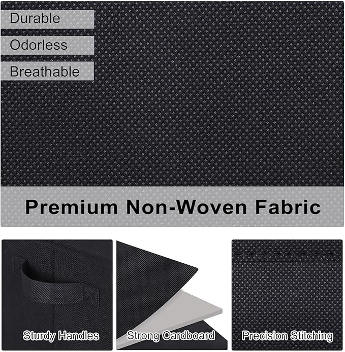 WUIKE Foldable Fabric Storage Bins with Handles, Closet Storage Baskets for Shelves and Clothes Organization, Large Black Shelf Baskets, 3-Pack, Black, Large