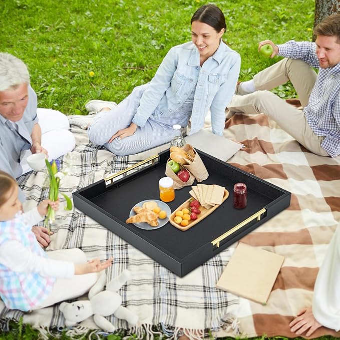 Black Square Serving Tray with Gold Handles for Party,Large Wood Decorative Tray for Ottoman,Faux Leather Coffee Table Tray Decor