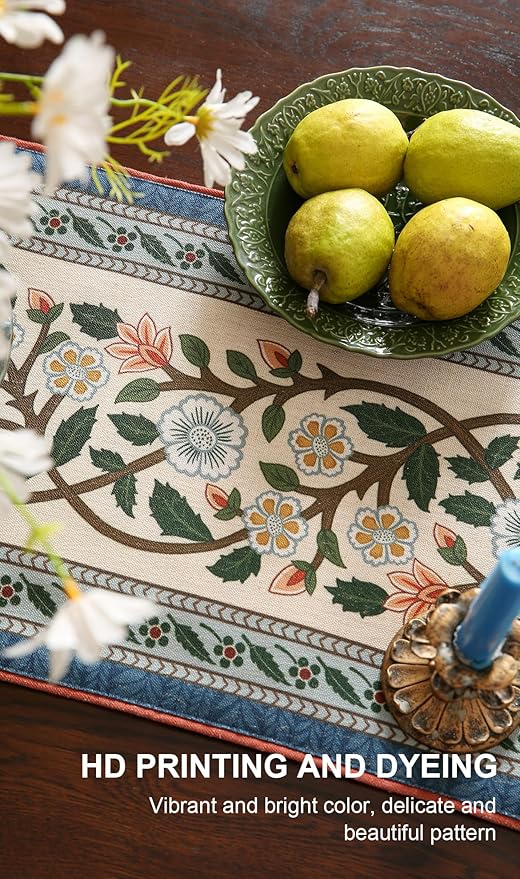 ISAENNE Designer Vintage Elegant Linen Table Runner 87 Inches Long,Colorful Flower Pattern Soft Table Runners for Dining Tables,Thanksgiving,Kitchen Tables,Christmas,12"*87"-Naples C