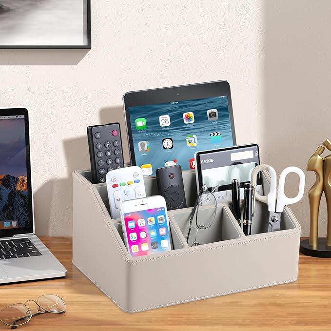 PU Leather Desk Organizer, Luxury Remote Control Holder for Home, Office Desk Accessories Table Caddy Bedside Nightstand Organizer (Dark Beige)