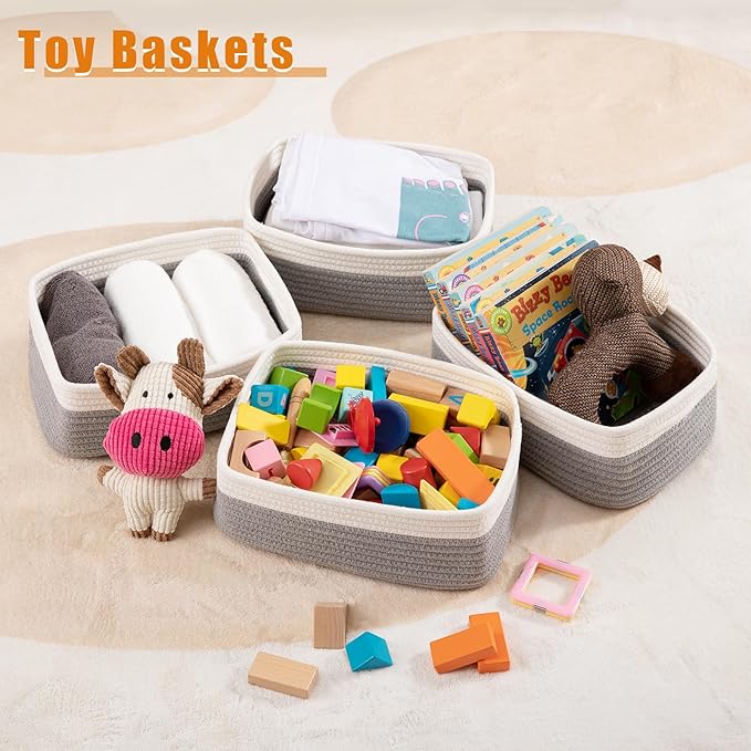 OIAHOMY 4 Pack Storage Baskets for Organizing, Small Bins for Shelves, Cute Decorative Storage Bins, Organizer Baskets for Gifts Empty,13''Lx8.7''Wx5.1''H, Grey/White