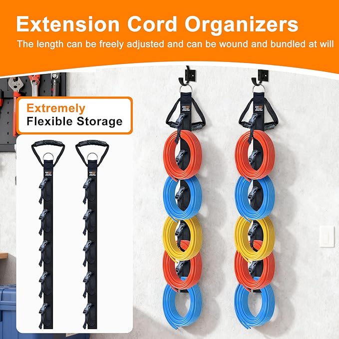 Extension Cord Organizer 2 Pack, Cord Storage Organizer with 5 Slots, Garage Garden Storage Straps, All in One Hanger Straps for Cable, Hose, Rope, Tool Management