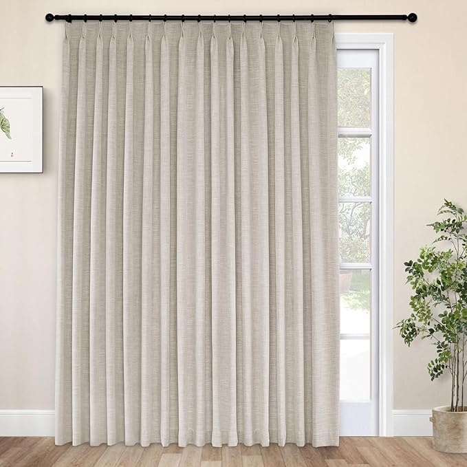 Macochico Pinch Pleated 100% Blackout Linen Curtains 120 Inch Width by 84 Inch Length, Thermal Window Drapery for Living Room Bedroom Nursery Farmhouse, Sand Beige Drapes with Tieback 1 Panel