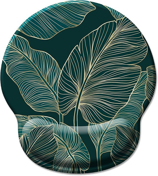 Ergonomic Mouse Pad Wrist Support, Green Tropical Leaves Mouse Pads with Wrist Rest, Computer Mousepad for Gaming with Non-Slip PU Base, Comfortable Mouse Pad Office Decor Desk Accessories