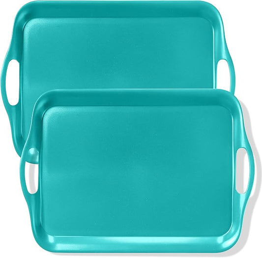 KINGEN 2-Pack Evergreen Serving Trays -18×13-inch Extra Large w/Handles Tray, Holiday Platters for Holiday Buffets, BBQ, Party Serving, Christmas Dinner Green Designed for Christmas (Bamboo Fiber)