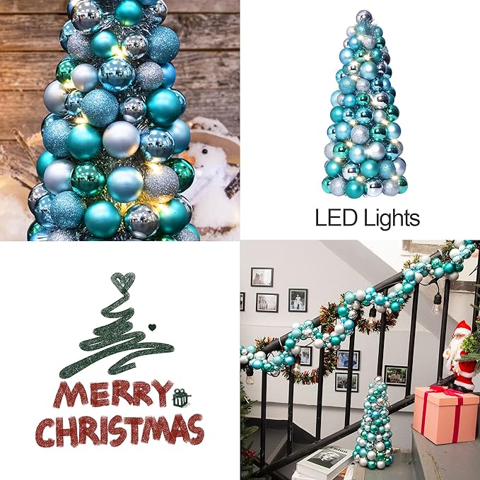 Amooca 16in Christmas Ball Tree with LED Lights Table Centerpiece Fireplace Decor Indoor Holiday Party Home Decoration Light Blue Silver