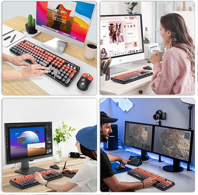 FD Wireless Keyboard and Mouse Combo | Cute Colorful Keyboard and Mouse with 2.4GHz Cordless Retro Typewriter Keyboard | Auto-Sleep | USB Receiver for Windows PC/Laptop - Black Orange Gradient