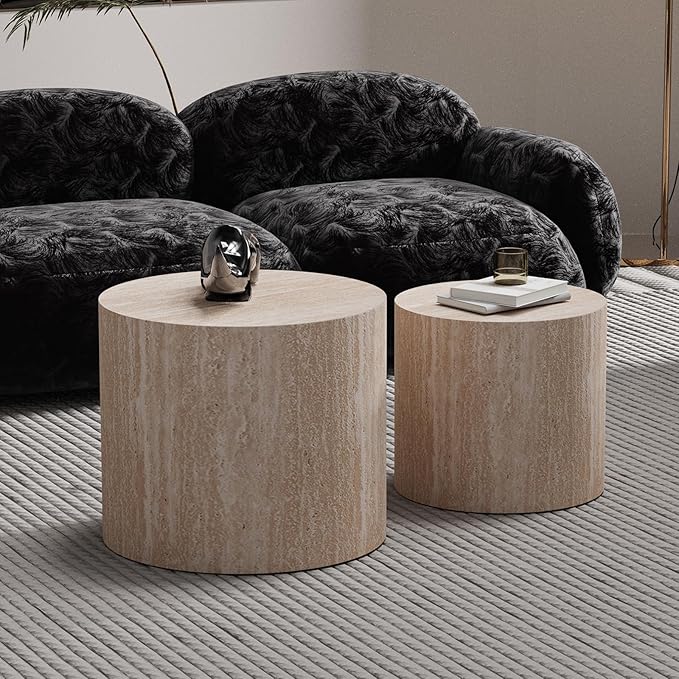 Round Nesting Coffee Table Set of 2 Travertine Round Drum Fluted Coffee Tables for Small Space Modern Stacking Nesting Tables Minimalist Circle Center Table 2 Piece for Living Room (Travertine)