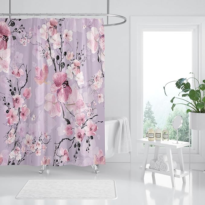 Domoku Pink Cherry Blossom Shower Curtain, Japanese Watercolor Flower Decoration Set, Easy Care Waterproof Machine Washed Durable Polyester Fabric, 72" x72"