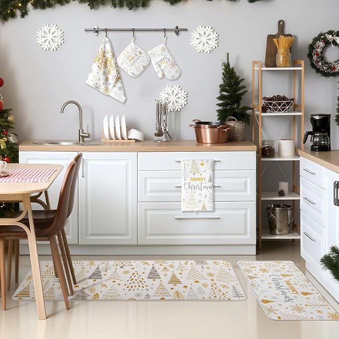 10 Pcs Christmas Kitchen Decor Set Kitchen Towels and Rugs Oven Mitts Pot Holders Absorbent Towels for Baking Cooking BBQ Gifts Home Decor(White and Gold,Understated)
