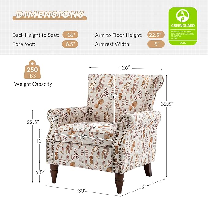 HULALA HOME Modern Wingback Accent Chairs Set of 2 with Wood Legs & Removable Cushion, Comfy Upholstered Armchairs with Nailhead Trim, Floral Pattern Single Sofa Chairs for Living Room Bedroom, Yellow