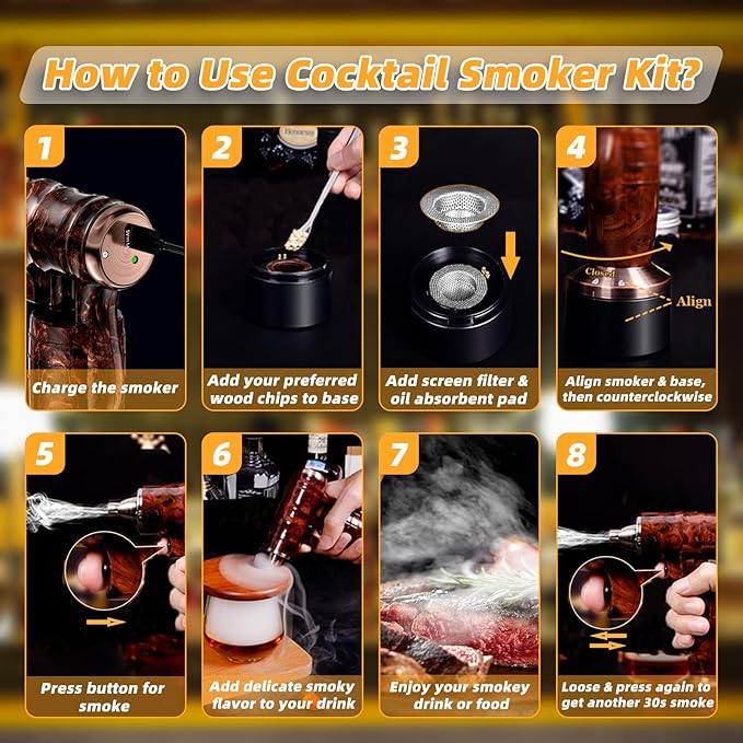 Whiskey Smoker Electric Set Bourbon Gifts for Men Old Fashioned Smoker Drink With 6 Wood Chips and 6 Whiskey Stones Food and Cocktail Smoked Kitchen Bar Tools Cool Christmas White Elephant Gifts Brown