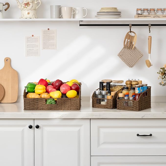 StorageWorks Paper Rope Pantry Storage Baskets, Wicker Baskets with Built-in Handles, Handwoven Shelf Baskets for Organizing, Pantry Organizers and Storage, Brown, 3 Pack