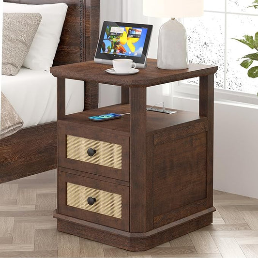 End Table with Charging Station, 24” Tall Sofa Side Table with Rattan Drawer, Anti-Collision Angle Wooden Night Stand for Living Room, Bedroom, Office.