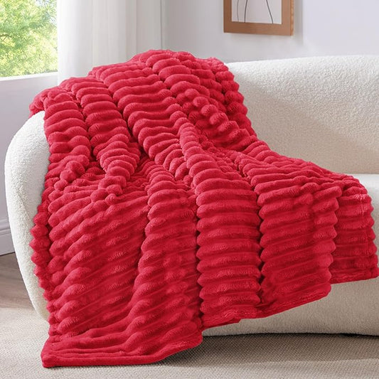 BEDELITE Fleece Throw Blanket for Couch, 300GSM Soft & Warm Fluffy Queen Blanket, Decorative and Giftable Striped Red Blankets for Women, Men, 50"x60"