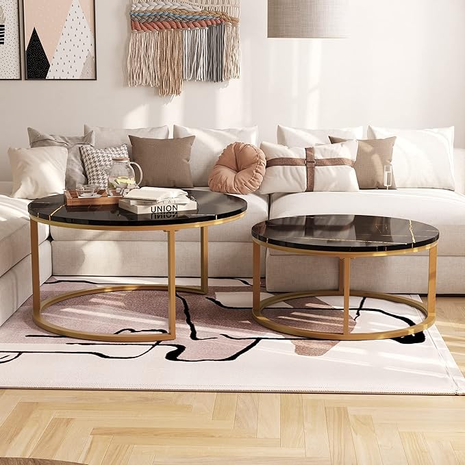 WiberWi Round Coffee Table Nesting Tables Set of 2, Large : Ø 34.0", Small : Ø 26.0", Modern Design Coffee Tables for Living Room, Gold Metal Frame Circle Cocktail Table, High Glossy Faux Black Marble