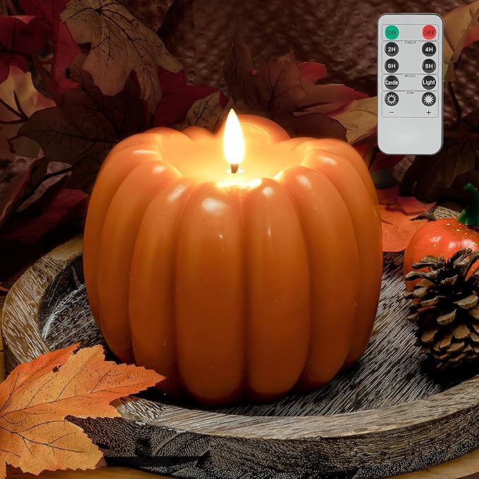 Fall Flameless Led Pumpkin Candles with Remote, Real Wax Pumpkin Shaped Battery Operated Flickering Candles with Timer for Thanksgiving Decor, Fall Home Decor, Halloween Decorations, Orange