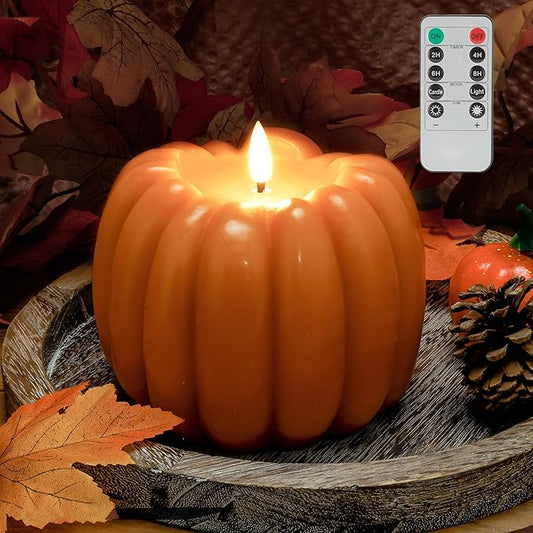 Fall Flameless Led Pumpkin Candles with Remote, Real Wax Pumpkin Shaped Battery Operated Flickering Candles with Timer for Thanksgiving Decor, Fall Home Decor, Halloween Decorations, Orange