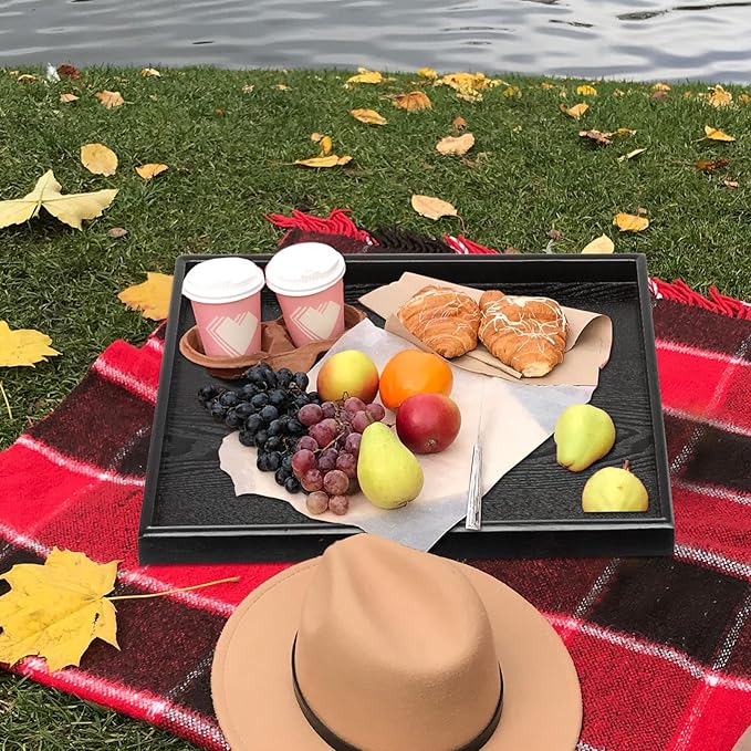 24 x 20 Inches Extra Large Solid Wood Serving Tray for Tea Coffee Table Snack Food Meals Serving Plate Kitchen Party Bar Breakfast Server with Raised Edges Black Wooden Decorative Ottoman Tray