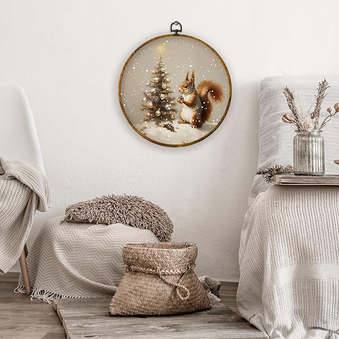 XPH Vintage Christmas Squirrel Round Wall Art Framed, Whimsical Christmas Tree Circle Wall Decor, Cozy Winter Squirrel Hanging Canvas Prints for Home Bedroom Living Room Decoration, 10x10 Inch