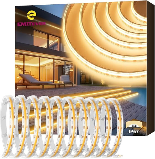 EMITEVER COB LED Strip Lights Waterproof IP67, 2700K Warm White Outdoor 24V Dimmable Silicone LED Tape Lighting 16.4ft High Density, 300+LM/ft, 2400LEDs,3W/ft, UL Listed (Power Supply Not Included)